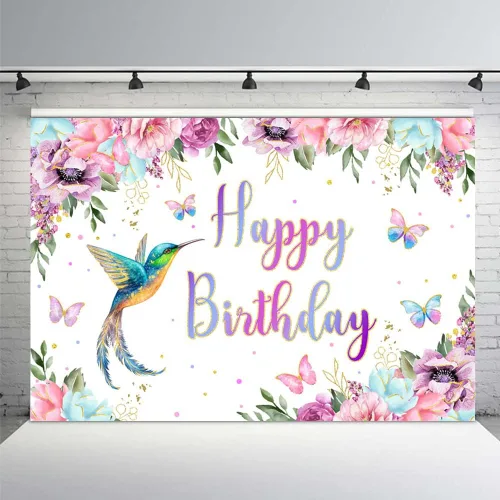 Vista 9 de MEHOFOND Fondo de cumpleaños de colibrí de 7 x 5 pies, fondo floral de acuarela de primavera para niña, suministros de fiesta de primer cumpleaños