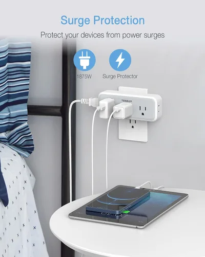 Vista 4 de TESSAN - Extensor de enchufe múltiple, divisor de enchufe de pared con protector de sobrecarga y 5 expandidores de salida eléctrica, adaptador