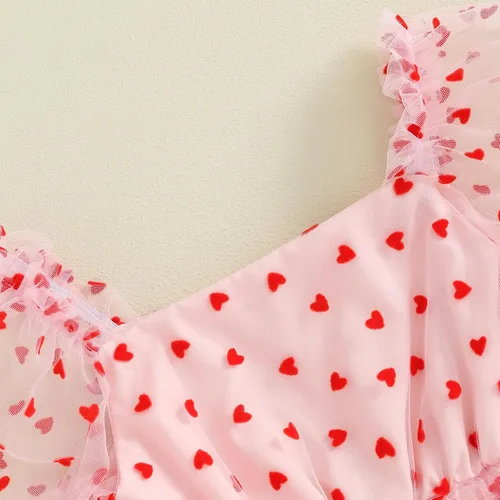 Vista 5 de Lesimsam Mameluco para bebé recién nacida, para el día de San Valentín, con estampado de corazón, de malla, manga abombada, traje de tul con diadema