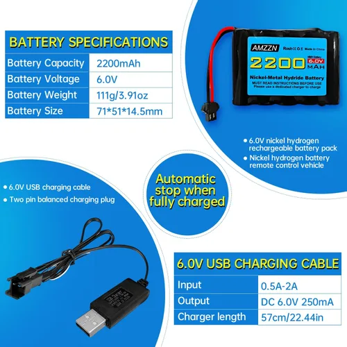Vista 3 de 2 pilas AA NiMH de 6.0 V 2200 mAh con enchufe SM-2P y cargador USB para TB141 TB142 DE37 RC coche de juguete, excavadora RC, camión