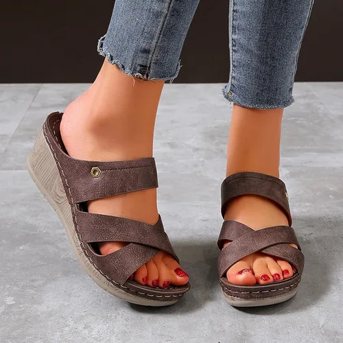 Vista 4 de ZiSUGP - Sandalias y zapatillas de tacón de pendiente para mujer, marrón, 7 ancho