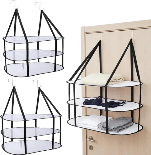 Vista 10 de Escurridor de suéter de 3 niveles sobre la puerta, secadora plegable de malla para colgar con ganchos, colgador de secado de ropa transpirable