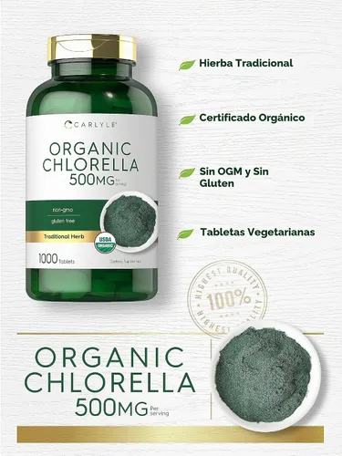 Vista 3 de Carlyle Chlorella Tabletas orgánicas 500 mg 1000 unidades Suplemento vegetariano, sin OMG y sin gluten