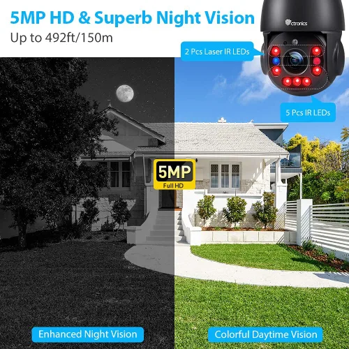 Vista 5 de Ctronics Cámara de seguridad con zoom óptico de 5MP 30X WiFi para exteriores, cámaras de vigilancia WiFi de 2.4/5Ghz con crucero y zoom automático