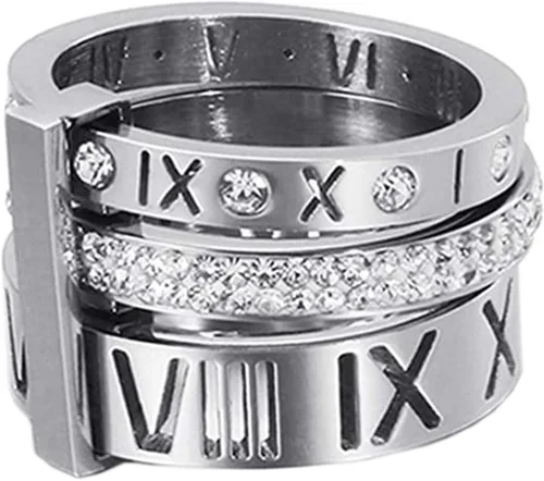 Vista 4 de Anillo Pamtier 3 en 1, de acero inoxidable y zirconia, con números romanos, para mujer