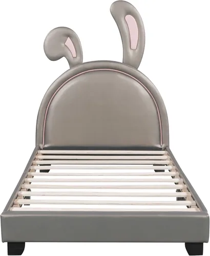 Vista 4 de Cama de plataforma, base de cama tapizada de cuero con cabecera de adorno de conejo, ideal para el dormitorio o apartamento de un niño