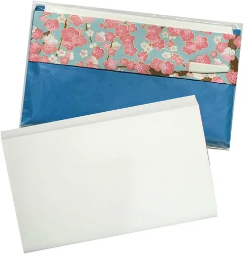 Vista 3 de Mino Washi Kaishi Set, Japanese Tea Ceremony Pocket Sheets, 30 Count with Yuzen Design Pouch and Pick (5.7 x 6.9 in Sheets) Blue