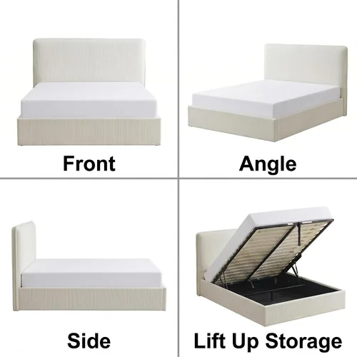 Vista 8 de Marco de cama de almacenamiento Queen con cabecero curvado, color crema Linen Upholstered Bed Frame, Hydraulic & Sturdy Wooden Slat Support, No