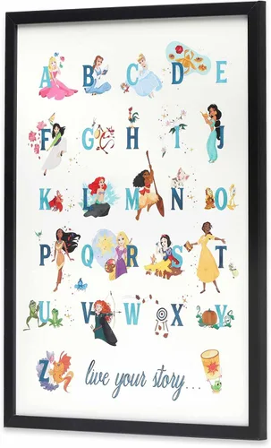 Vista 2 de Decoración de pared de madera enmarcada con alfabeto de princesas Disney - Gran imagen de princesa con Bella, Cenicienta, Ariel, Rapunzel y más