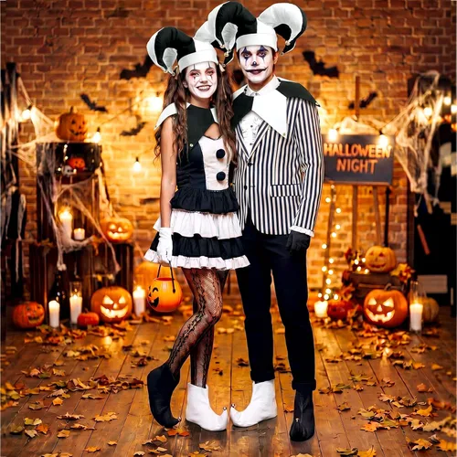 Vista 6 de Chicingyou 4 piezas de disfraces de payaso bufón de Halloween para adultos Negro blanco