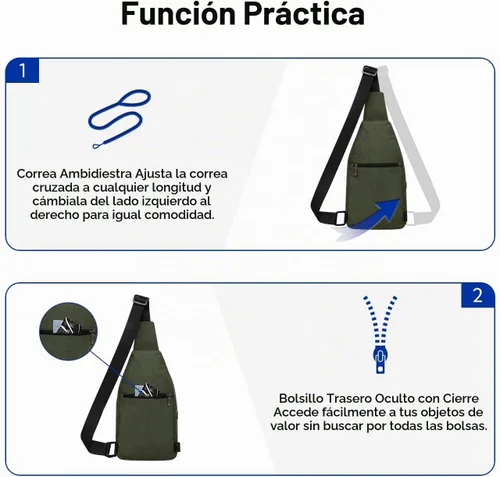 Vista 4 de WATERFLY - Mochila media bandolera con correa antirrobo para viajes, bolsa de pecho, de hombro Verde militar (mediano)