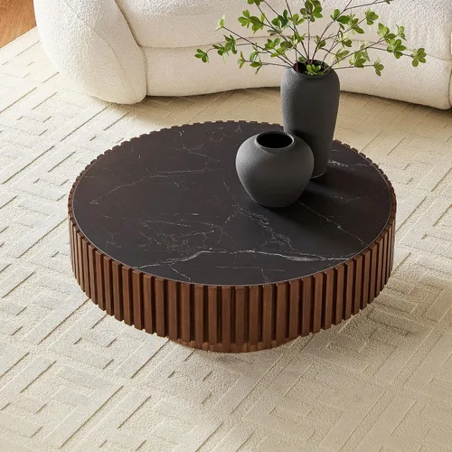 Vista 5 de WILLIAMSPACE Mesa de Café Redonda de 35.43" con Tablero de Piedra Sintética, Mesa Central Circular de Madera Moderna de Estilo Granja para la Sala