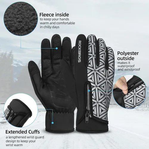 Vista 2 de ROCKBROS Guantes de ciclismo de invierno para hombres y mujeres, forro polar de invierno, guantes de bicicleta de dedo completo, pantalla táctil