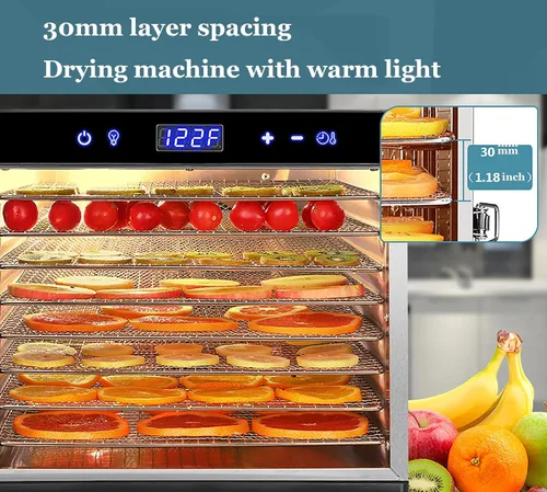 Vista 2 de Máquina deshidratadora de alimentos, 8 bandejas con control táctil y luz LED integrada, secadora de alimentos de acero inoxidable comercial de 700 W