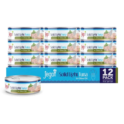 Vista 9 de Jego Atún ligero sólido en aceite de oliva Keto Bajo en carbohidratos Sin gluten Sin soja Enlatado Listo para comer Paquete de 3