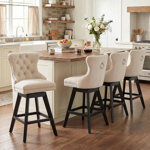 Vista 326 de SoarFlash Juego de 2 taburetes de bar tapizados de terciopelo moderno con patas de madera, botones acolchados, cabeza de clavo cromada, asiento