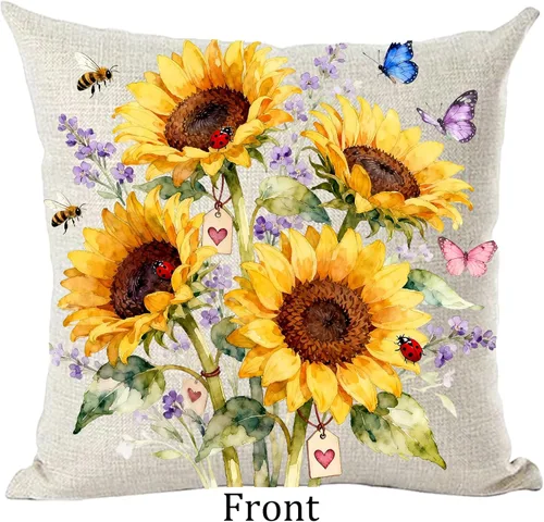 Vista 2 de Ramirar Funda de almohada decorativa de verano, acuarela, girasoles amarillos, flores, mariposas, verano, para el hogar, sala de estar, cama, sofá