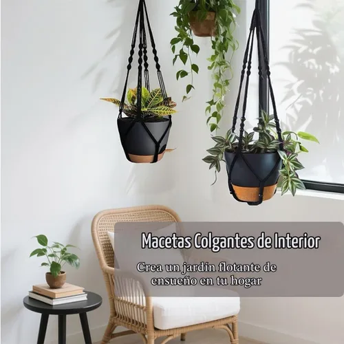 Vista 8 de Paquete de 3 macetas colgantes grandes para plantas de interior con Negro