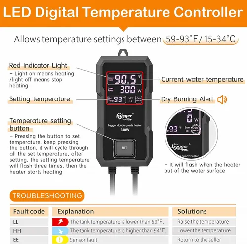 Vista 2 de hygger Calentador para Acuarios 300W/500W/800W/1000W, Calentador Sumergible para Tanque de Peces con Controlador LED Digital y Sistema Inteligente