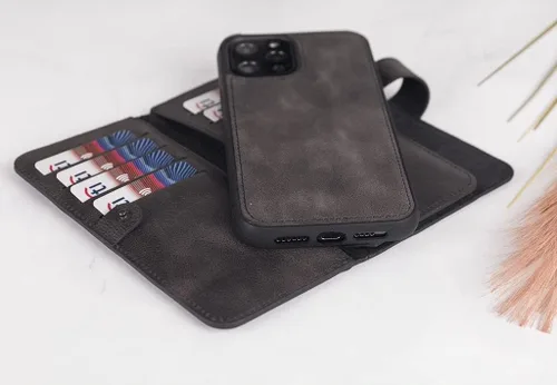 Vista 4 de HARDISTON Funda de piel auténtica de alta calidad hecha a mano para iPhone 7/8 / SE doble folio tarjetero - Funda magnética desmontable - Soporte