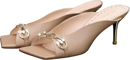 Vista 6 de MSONLYDN Sandalias sin correa para mujer, tacones con puntera cuadrada, tacones de cuero, elegantes de 2.56 pulgadas