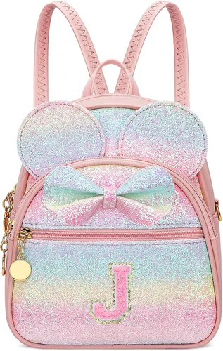 Vista 16 de KKXIU Mochilas Mini con Moño Inicial para Niñas y Mujeres, Linda Mochila Pequeña con Asa de Bolso, Regalos Personalizados para Niños, Arcoíris