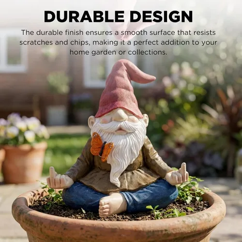 Vista 5 de Gran estatua de gnomo de jardín zen meditante, figura de dedo medio Naughty Angry Namaste de 9.5 pulgadas, divertida decoración de césped al aire