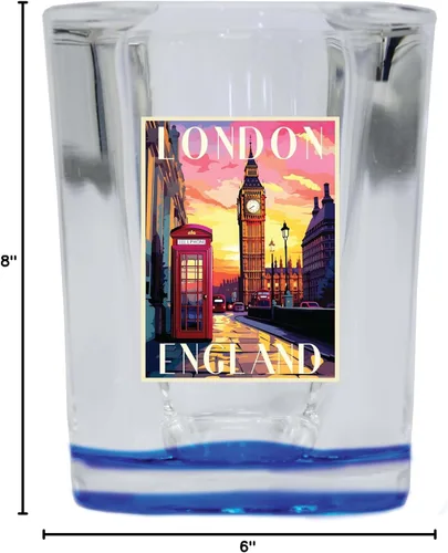 Vista 3 de London England Design B Souvenir - Vaso de chupito cuadrado de 2.5 onzas, base azul, paquete de 2
