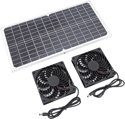Vista 3 de Ventilador solar de 16 W, monocristalino doble extractor, ventilador solar para gallinero, escape con red protectora para cobertizo al aire libre