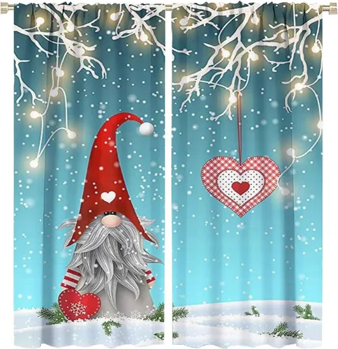 Vista 40 de Cortinas de Navidad de gnomo, bolas de árbol de Navidad, luces, regalos, decoración de tablones para sala de estar, dormitorio, bolsillo para barra