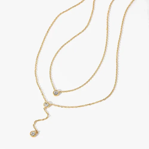 Vista 5 de foyjoey Collar de cadena de gota de cruz chapada en oro con forma de Y, doble corazón, estrella, perla larga, collar para mujer, acero inoxidable