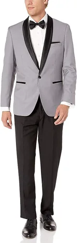 Vista 10 de Traje de esmoquin formal de dos piezas clásico y ajustado para hombre Cuello de chal ajustado negro
