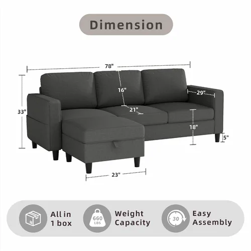 Vista 2 de Sofá modular para sala de estar, sofá gris oscuro de 3 plazas en forma de L con otomana de almacenamiento, cómodos sofás seccionales convertibles