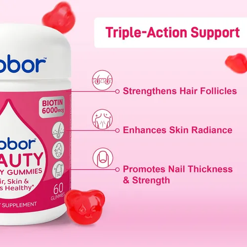 Vista 4 de Biobor - Gomitas naturales de biotina de 6000 mcg sin azúcar añadido, gomitas de belleza para el cabello, la piel y las uñas, con vitaminas A C E