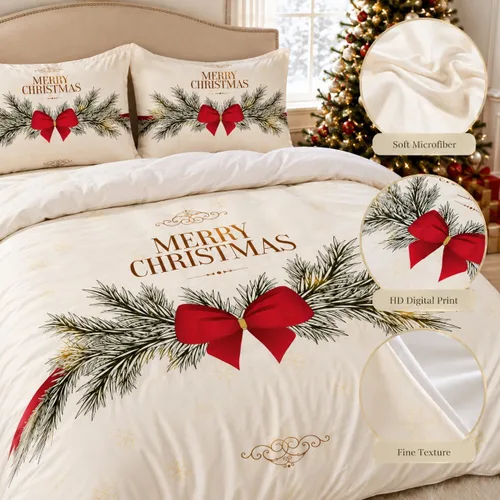 Vista 5 de Juego de funda de edredón de Navidad 3D, fundas de edredón y fundas de almohada con patrón de lazo rojo, juegos de ropa de cama de color pulido Chri