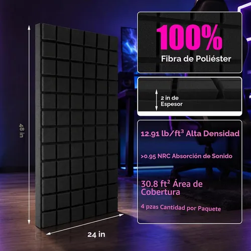 Vista 2 de Paquete de 4 paneles de espuma acústica, 48 x 24 x 2 pulgadas, paneles de pared de espuma insonorizados de alta densidad para reducción de ruido