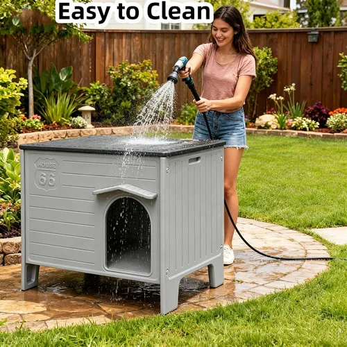 Vista 4 de Casa grande para perros para exteriores, aislada, resistente a la intemperie, doble HDPE, diseño elevado, fácil de montar, interior expansivo, gris
