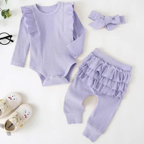 Vista 2 de Conjunto de mameluco y pantalón de manga larga para niña de 3 piezas