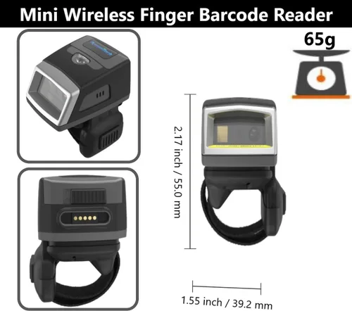 Vista 4 de EF02 Ring Barcode Scanner 1D Bluetooth NFC con base de carga Zebra SE965 Engine, Hands-Free Scanning, Finger Wearable