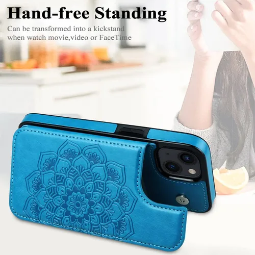 Vista 4 de MMHUO para iPhone 14 Funda con Tarjetero, Funda Flip Magnética con Flores en la Parte Posterior para Cartera de iPhone 14 para Mujeres, Funda Azul