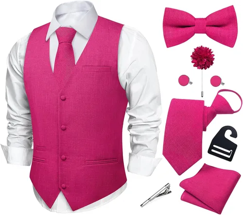 Vista 20 de DiBanGu Conjunto de corbata con cremallera y chaleco de lino para hombre Negro