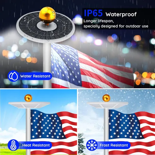 Vista 7 de Luz solar para mástil de bandera, 440 LED de 1800 lúmenes, funciona con energía solar con puerto de carga de CC para postes de bandera de 15 a 30