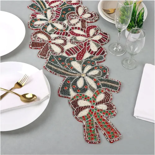 Vista 24 de CLEENTABLE Camino de mesa decorativo con cuentas de 36 pulgadas, diseño floral hecho a mano con respaldo de poliéster duradero para comedor, mesa