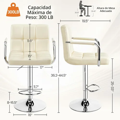 Vista 3 de Yaheetech - Juego de 2 taburetes de bar, taburetes giratorios ajustables de piel sintética, sillas de bar de altura de mostrador hidráulicas