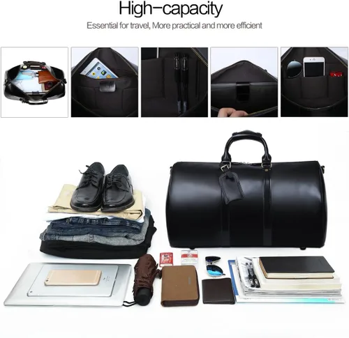 Vista 5 de Leathario Bolsa de viaje de cuero genuino para el fin de semana de la noche para los hombres, equipaje de mano, Negro-S, Pequeña, Vintage