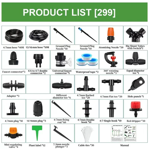 Vista 2 de Kit de sistema de riego por goteo para jardín: 299CPS Kits de riego por goteo automático Sistema de riego de plantas de invernadero con 5 tipos