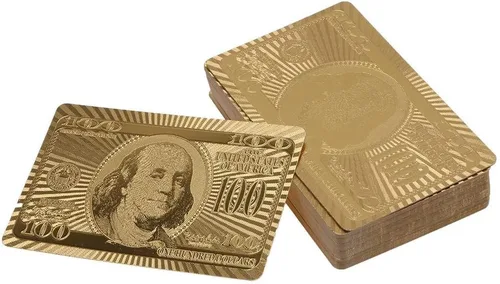 Vista 4 de Paquete de 2 cartas de póquer de plástico resistentes al agua de dólar y plata doradas altamente flexibles, cartas de papel de aluminio dorado