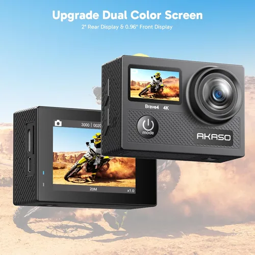 Vista 3 de AKASO Brave 4 Cámara de acción 4K 30fps con tarjeta MicroSD U3 de 128 GB y trípode Selfie Stick de 23.6 in