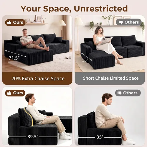 Vista 4 de Sofá modular modular en forma de L de 115 pulgadas con diván, sofá deshuesado con asiento profundo y otomana extraíble, cómodo sofá nube de pana