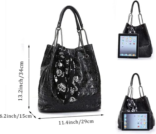 Vista 3 de Chikencall Bolso de hombro de piel sintética con estampado de calavera para mujer, estilo punk, 2 juegos, Negro